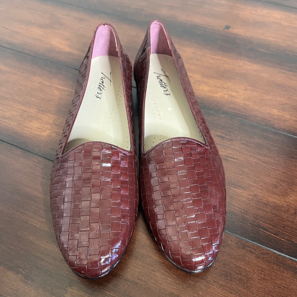 New Trotter Liz III Flats Loafers Women Size 7.5 Burgundy Leather Basketweave - Picture 3 of 11